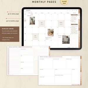 May include: Digital planner with a monthly calendar view for August, featuring daily and weekly page navigation. The planner includes sections for goals, tasks, and notes, with a seamless linking feature. The text on the planner says "Monthly Pages".