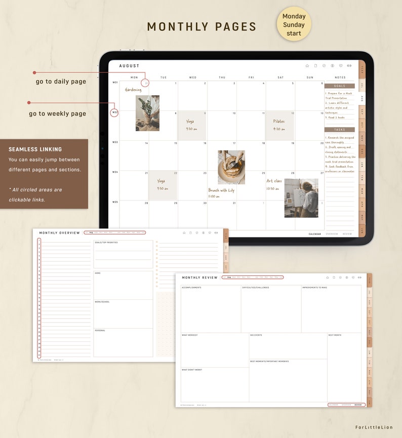 May include: Digital planner with a monthly calendar view for August, featuring daily and weekly page navigation. The planner includes sections for goals, tasks, and notes, with a seamless linking feature. The text on the planner says "Monthly Pages".