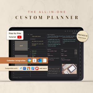 Op de afbeelding: Een digitale planner weergegeven op een tabletscherm met de titel THE ALL-IN-ONE CUSTOM PLANNER. De interface heeft een donker thema met secties voor dagelijkse focus, prioriteiten, affirmaties, maaltijden en takenlijsten.