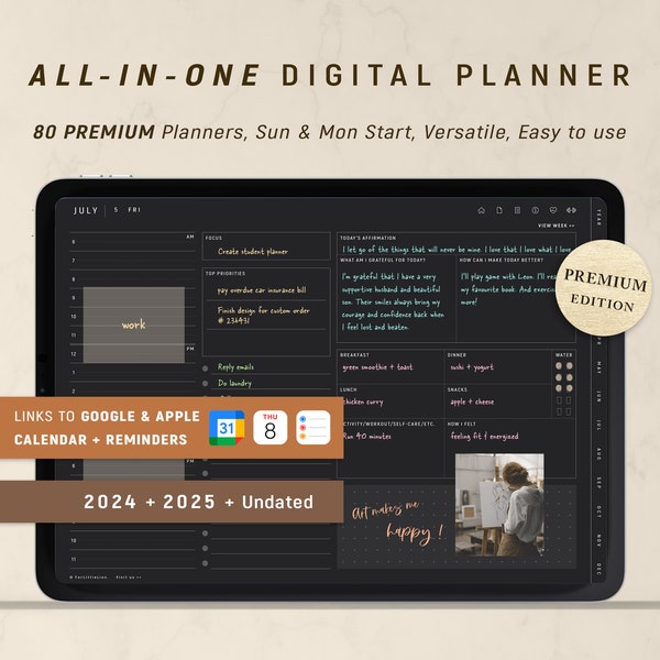 Digital Planner 2024 2025 + Undated, DARK Mode GoodNotes Planner, Daily Planner, Black Paper Planner, Blackout Planner for Android & iPad