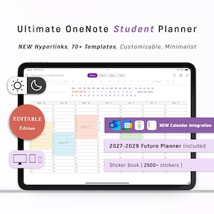 May include: A digital student planner displayed on a tablet. The planner includes hyperlinks, templates, and calendar integration. Text on the screen reads "Ultimate OneNote Student Planner" and "Editable Edition."