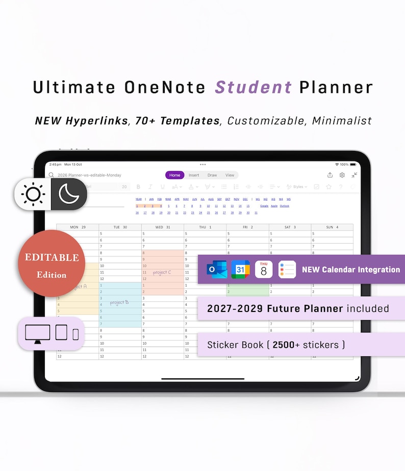 May include: A digital student planner displayed on a tablet. The planner includes hyperlinks, templates, and calendar integration. Text on the screen reads "Ultimate OneNote Student Planner" and "Editable Edition."