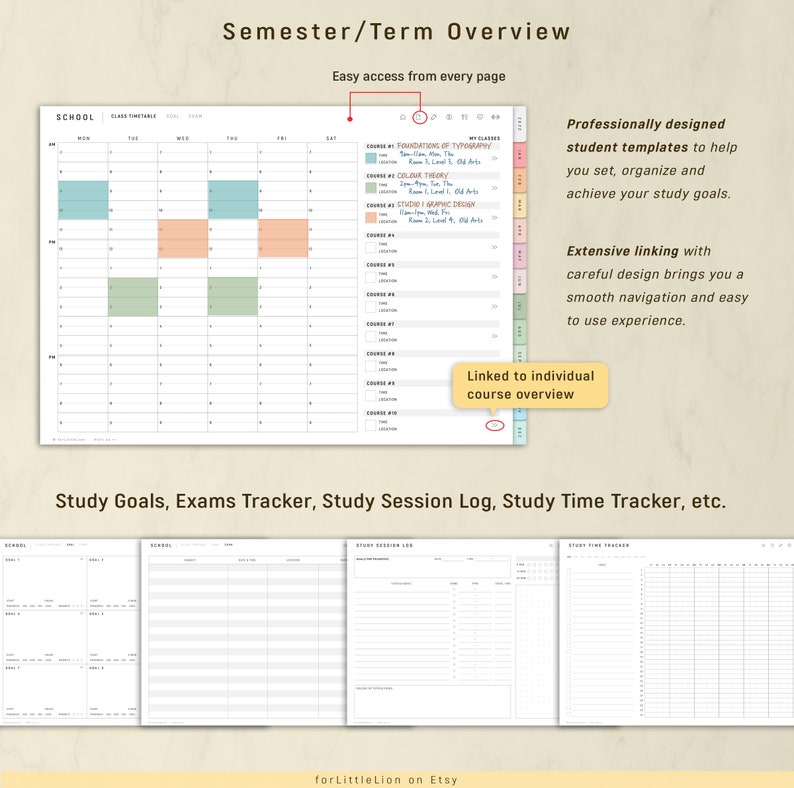 May include: A printable student planner with a semester/term overview, study goals, exams tracker, study session log, and study time tracker. The planner features a colorful design with linked individual course overviews.