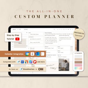 May include: A digital planner displayed on a tablet screen titled The All-In-One Custom Planner. The interface features a daily schedule, task lists, gratitude sections, and meal tracking. It includes icons for calendar integration, app compatibility, and a premium edition badge.