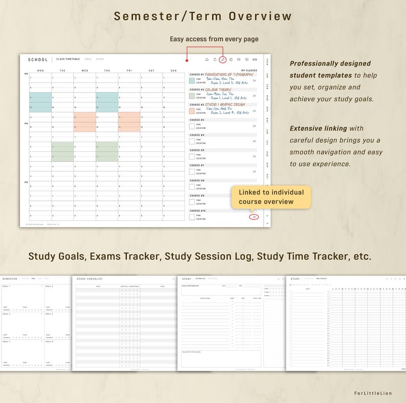 May include: Digital student planner with a semester overview, class timetable, and study trackers. The planner includes linked course overviews and is designed to help students organize their studies. Text on the image includes "Semester/Term Overview" and "Study Goals, Exams Tracker."