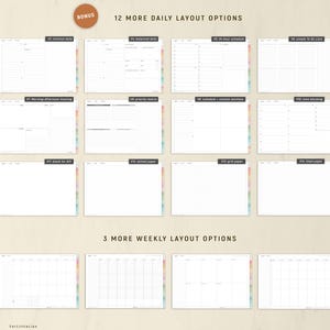 May include: A digital planner with 12 daily and 3 weekly layout options. The layouts include minimal daily, balanced daily, 24-hour schedule, simple to-do lists, morning-afternoon-evening, priority matrix, schedule with custom sections, time blocking, blank for DIY, dotted paper, grid paper, and lined paper.