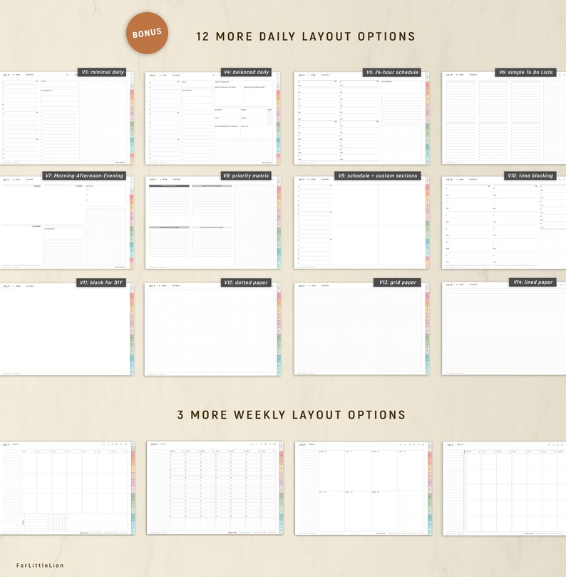 May include: A digital planner with 12 daily and 3 weekly layout options. The layouts include minimal daily, balanced daily, 24-hour schedule, simple to-do lists, morning-afternoon-evening, priority matrix, schedule with custom sections, time blocking, blank for DIY, dotted paper, grid paper, and lined paper.