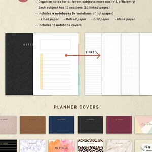 May include: A digital notebook with 6 sections for organizing notes. It includes 4 different types of paper: lined, dotted, grid, and blank. The notebook also comes with 12 different cover designs. The image shows a sample page with a black cover and a linked section with lined paper.