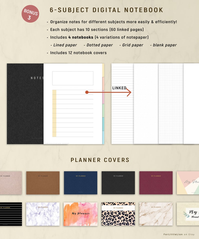 May include: A digital notebook with 6 sections for organizing notes. It includes 4 different types of paper: lined, dotted, grid, and blank. The notebook also comes with 12 different cover designs. The image shows a sample page with a black cover and a linked section with lined paper.