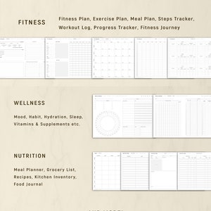 May include: A digital planner with sections for finance, fitness, wellness, and nutrition. Includes trackers for monthly finances, exercise, meal planning, and more. Additional sections for routine planning, reading lists, and vision boards. The text "ForLittleLion" is at the bottom.