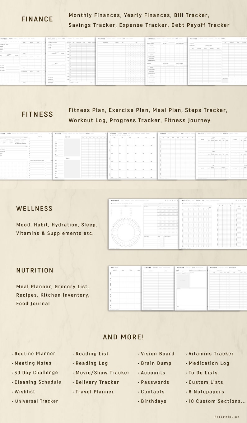 May include: A digital planner with sections for finance, fitness, wellness, and nutrition. Includes trackers for monthly finances, exercise, meal planning, and more. Additional sections for routine planning, reading lists, and vision boards. The text "ForLittleLion" is at the bottom.