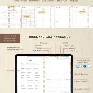 May include: Digital planner with yearly, monthly, and custom sections. The planner includes a yearly calendar, year planner, and yearly goals. It features quick and easy navigation with links to multiple calendar apps. The planner has 784 pages.