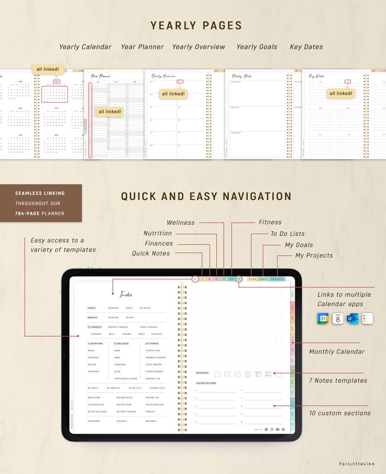 May include: Digital planner with yearly, monthly, and custom sections. The planner includes a yearly calendar, year planner, and yearly goals. It features quick and easy navigation with links to multiple calendar apps. The planner has 784 pages.