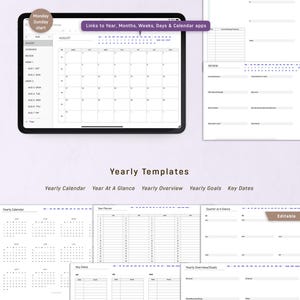 May include: Digital planner with hyperlinked monthly pages and yearly templates. The tablet displays a calendar for August, with options for monthly overview and review. Includes yearly calendar, goals, and key dates.