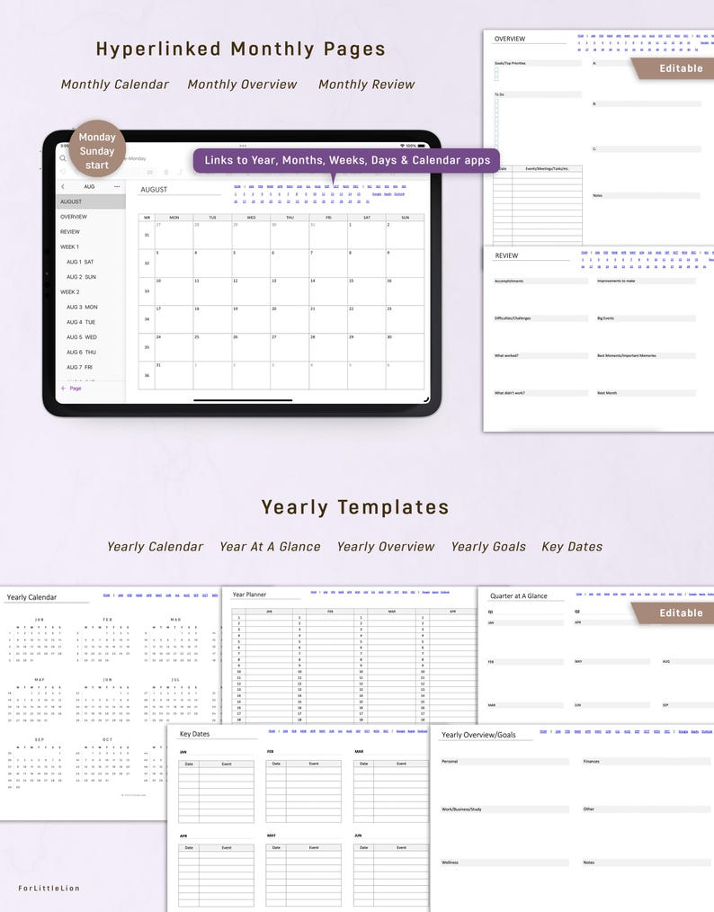 May include: Digital planner with hyperlinked monthly pages and yearly templates. The tablet displays a calendar for August, with options for monthly overview and review. Includes yearly calendar, goals, and key dates.