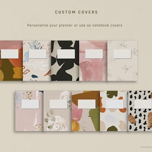 May include: Ten rectangular custom covers for planners or notebooks, each featuring a unique pattern including abstract shapes, floral line art, and organic spots. Each cover includes a blank white rectangular label for personalization.