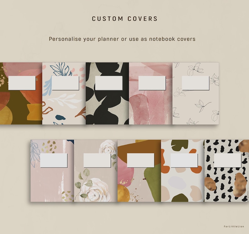 May include: Ten rectangular custom covers for planners or notebooks, each featuring a unique pattern including abstract shapes, floral line art, and organic spots. Each cover includes a blank white rectangular label for personalization.