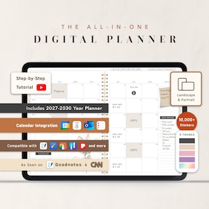 May include: A digital planner displayed on a tablet screen, featuring a monthly calendar layout with handwritten entries, a daily routine list, and navigation tabs. Overlaid text includes The All-In-One Digital Planner, 10,000+ Stickers, 5 Themes, and compatibility icons for calendar and note-taking applications.