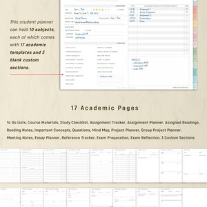 May include: A printable student planner with a course overview page and 17 academic pages. The planner includes sections for to-do lists, course materials, study checklists, assignment trackers, assignment planners, assigned readings, reading notes, important concepts, questions, mind maps, project planners, group project planners, meeting notes, essay planners, reference trackers, exam preparation, exam reflection, and 3 custom sections.