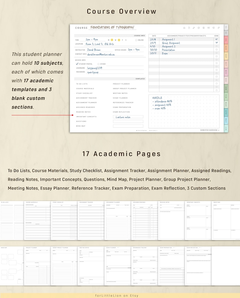 May include: A printable student planner with a course overview page and 17 academic pages. The planner includes sections for to-do lists, course materials, study checklists, assignment trackers, assignment planners, assigned readings, reading notes, important concepts, questions, mind maps, project planners, group project planners, meeting notes, essay planners, reference trackers, exam preparation, exam reflection, and 3 custom sections.