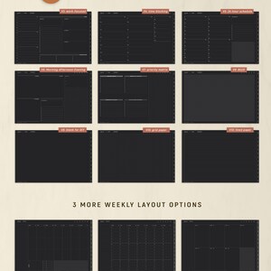 May include: A digital planner set featuring 9 daily layout options and 3 weekly layout options. The layouts are black with white lines and text, including labels like work-focused, time blocking, 24-hour schedule, priority matrix, and bullet journal.
