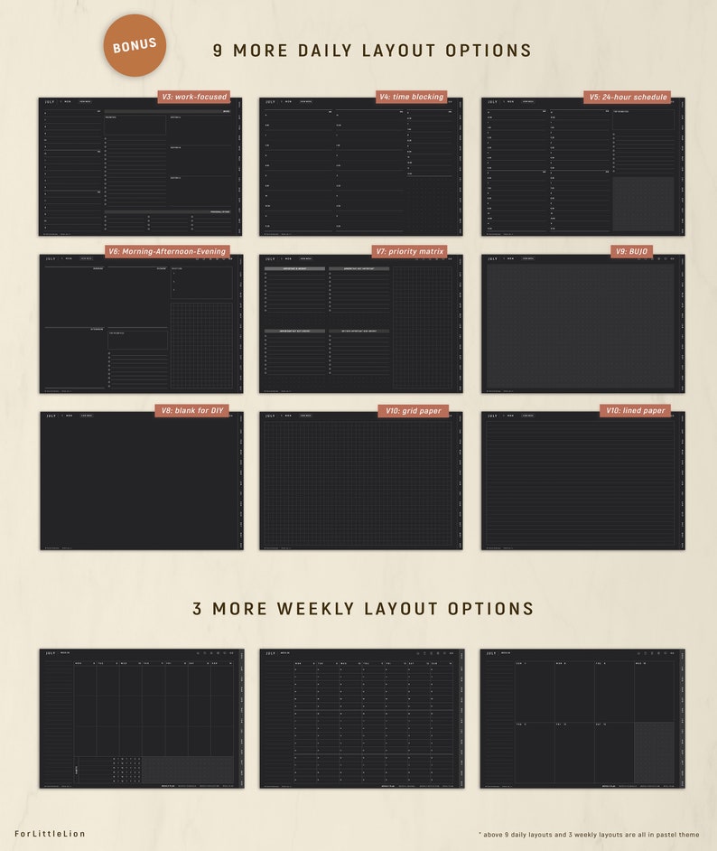May include: A digital planner set featuring 9 daily layout options and 3 weekly layout options. The layouts are black with white lines and text, including labels like work-focused, time blocking, 24-hour schedule, priority matrix, and bullet journal.