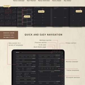 May include: A digital planner interface displayed on a tablet screen featuring a dark theme with white text. The layout includes an index page with categorized sections for yearly, monthly, wellness, fitness, and productivity tracking tools.