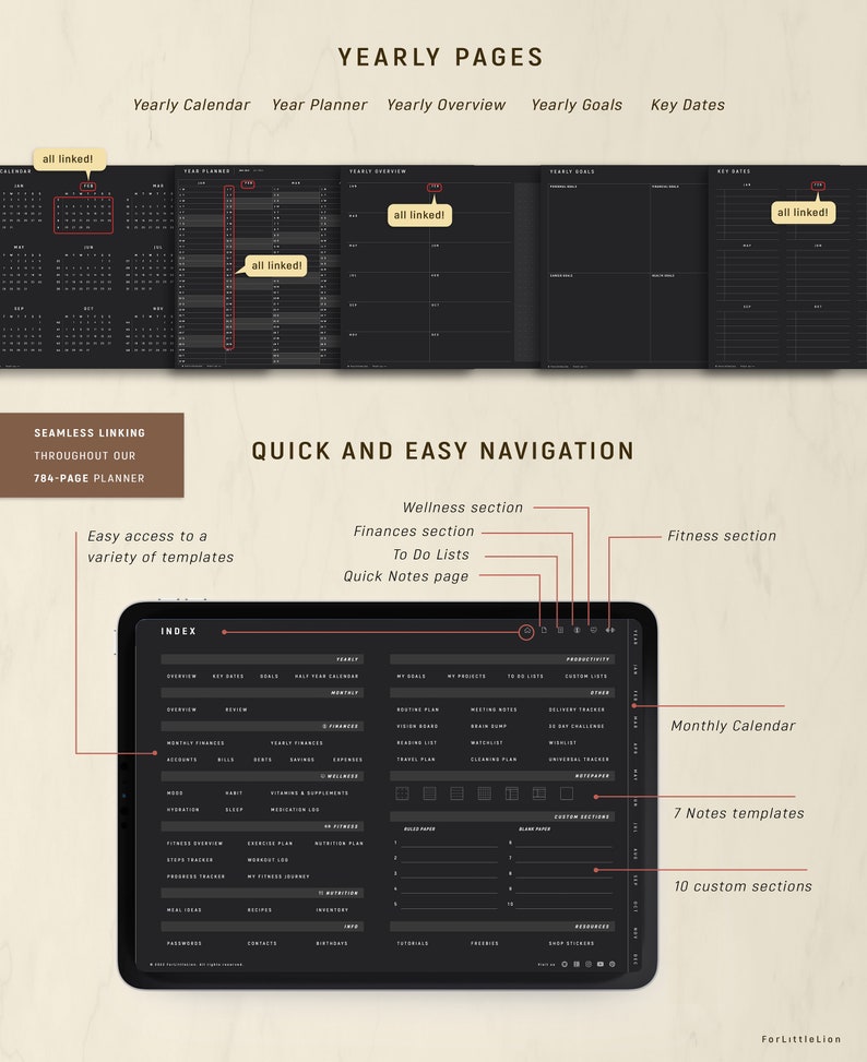 May include: A digital planner interface displayed on a tablet screen featuring a dark theme with white text. The layout includes an index page with categorized sections for yearly, monthly, wellness, fitness, and productivity tracking tools.