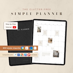 May include: A digital planner displayed on a tablet screen showing a July calendar layout with task lists and images, alongside a black textured planner cover. Text includes THE CLUTTER-FREE SIMPLE PLANNER, Step-by-Step Tutorial, and app icons.