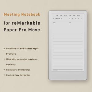 May include: A digital meeting notebook for reMarkable Paper Pro Move. The notebook is white with a gray border and features a lined page for notes. Text on the image includes "Meeting Notebook" and "Optimized for Remarkable Paper Pro Move."