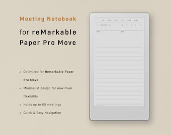 Könnte beinhalten: Ein digitales Meeting-Notizbuch für reMarkable Paper Pro Move. Das Notizbuch ist weiß mit einem grauen Rand und verfügt über eine linierte Seite für Notizen. Der Text auf dem Bild enthält "Meeting Notebook" und "Optimized for Remarkable Paper Pro Move."