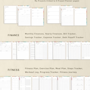 May include: A collection of open planners with gold spiral binding, featuring sections for productivity, finance, and fitness. Text includes "Priority Matrix," "Monthly Finances," and "Fitness Plan." The pages are white with colorful tabs.