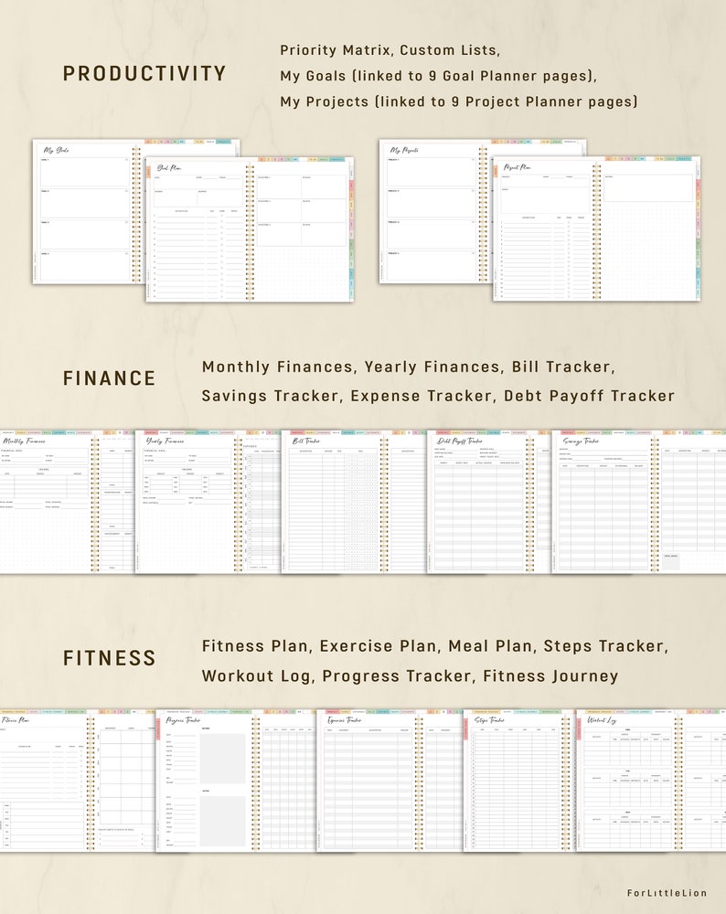 May include: A collection of open planners with gold spiral binding, featuring sections for productivity, finance, and fitness. Text includes "Priority Matrix," "Monthly Finances," and "Fitness Plan." The pages are white with colorful tabs.
