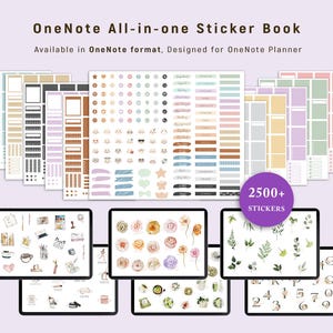 May include: A collection of digital stickers for OneNote planners. The image shows various sticker sheets with colorful designs, including floral, functional, and decorative elements. The text reads "OneNote All-in-one Sticker Book" and "2500+ Stickers".