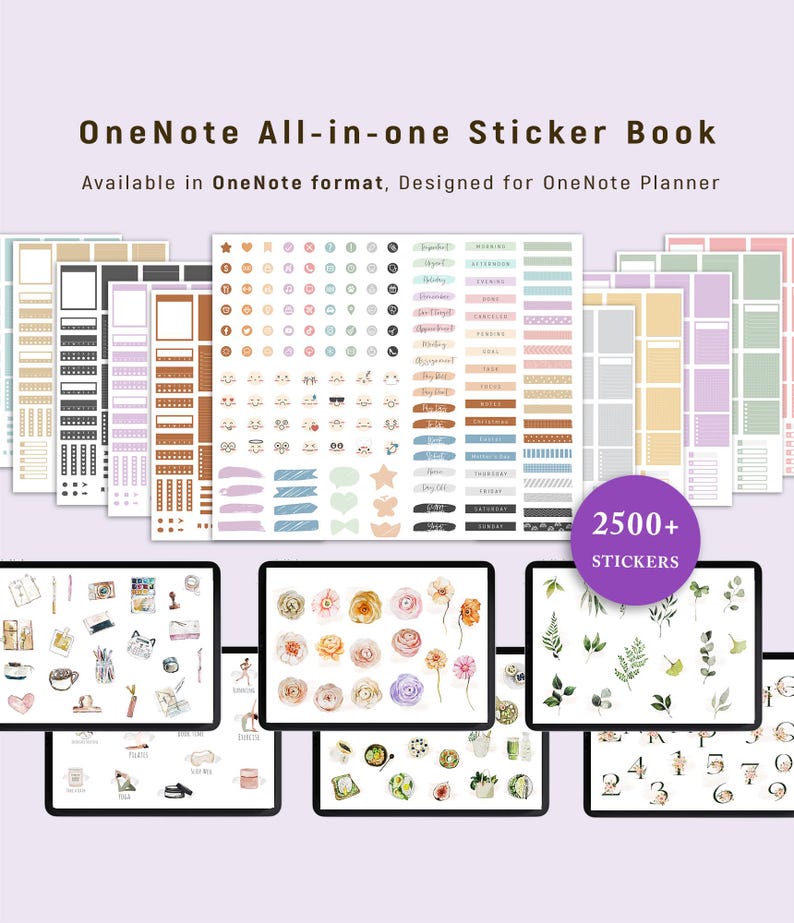 May include: A collection of digital stickers for OneNote planners. The image shows various sticker sheets with colorful designs, including floral, functional, and decorative elements. The text reads "OneNote All-in-one Sticker Book" and "2500+ Stickers".