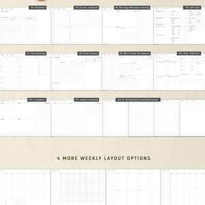 May include: A planner layout image with the text "BONUS" and "14 MORE DAILY LAYOUT OPTIONS". The image shows various daily and weekly layout options, including Pomodoro, 24-hour schedule, and self-care. The layouts are in a pastel theme.