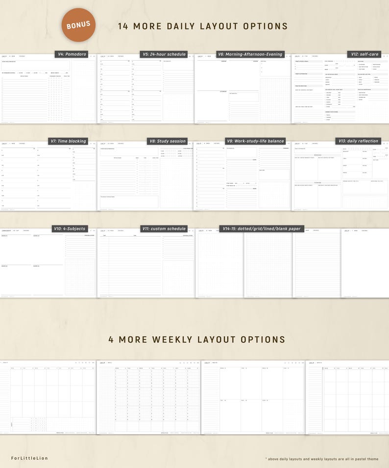 May include: A planner layout image with the text "BONUS" and "14 MORE DAILY LAYOUT OPTIONS". The image shows various daily and weekly layout options, including Pomodoro, 24-hour schedule, and self-care. The layouts are in a pastel theme.