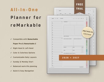 May include: Digital planner for reMarkable tablets. The image shows a white tablet displaying a daily planner layout with sections for scheduling and notes. Text includes "All-In-One Planner for reMarkable", "Free Trial", and "Premium Edition". Compatible with Remarkable Paper Pro & Remarkable 2.