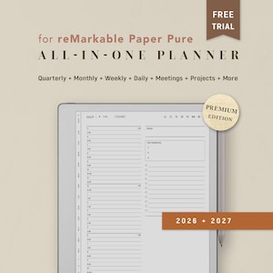 Op de afbeelding: Een digitale planner voor reMarkable Paper Pure met een alles-in-één lay-out inclusief kwartaal-, maand-, week-, dag-, vergader- en projectsecties. Het scherm toont een juli-schema met tijdslots en topprioriteiten voor 2026 en 2027.