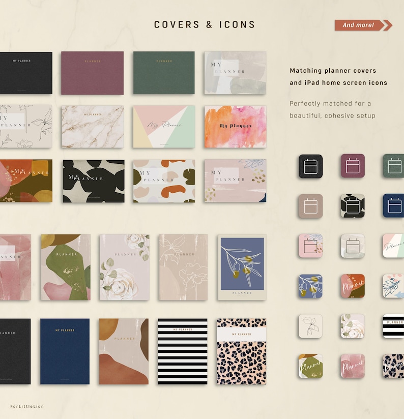 May include: A collection of planner covers and matching iPad home screen icons. The covers feature various designs, including abstract patterns, floral illustrations, and solid colors. The color palette includes black, burgundy, green, and beige. The text "MY PLANNER" is visible on several covers.