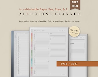 May include: Digital planner for reMarkable Paper Pro, Pure, & 2 featuring an all-in-one layout with quarterly, monthly, weekly, daily, meeting, and project pages. Includes 2026 and 2027 dates, a premium edition badge, and a free trial label on a beige background.