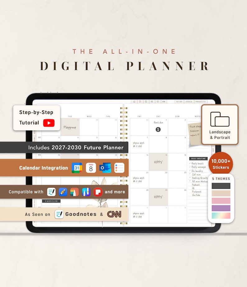 May include: A digital planner displayed on a tablet, featuring a calendar layout with daily and weekly views. The planner includes a step-by-step tutorial, calendar integration, and compatibility with various apps. Additional features include stickers and themes. Text on the image reads "The All-In-One Digital Planner."