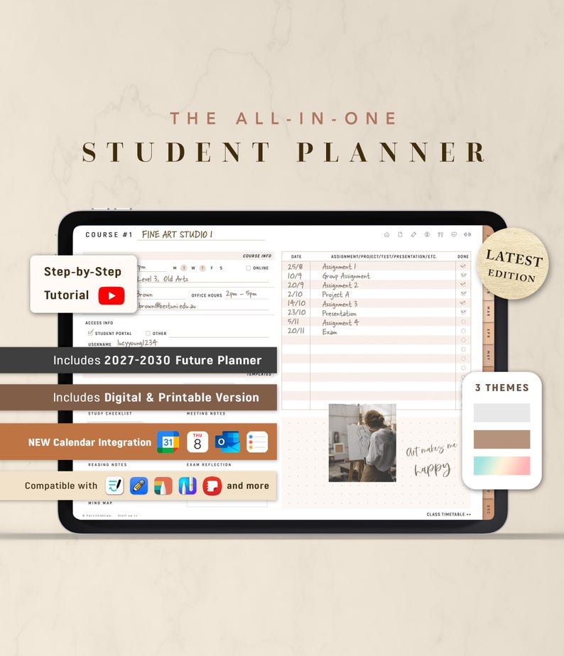 May include: A digital student planner displayed on a tablet, featuring a course schedule, assignment tracker, and calendar integration. The planner includes a tutorial, future planner, and digital/printable versions. The text reads "The All-In-One Student Planner."