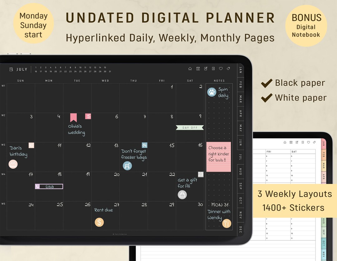 Digital Planner Goodnotes Dark Mode UNDATED, BLACK & WHITE, Blackout ...