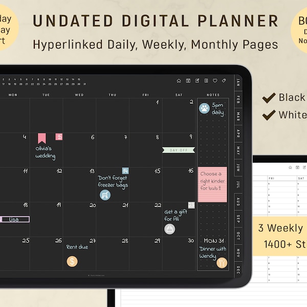 Digital Planner GoodNotes Dark Mode UNDATED, BLACK & WHITE, Blackout Daily Digital Planner iPad /Android
