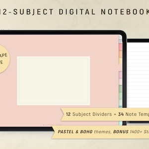 May include: A digital notebook template for iPad with 12 subject dividers and 34 note templates. The template features a pastel pink background with a white note area and a landscape mode option. The text "12 Subject Dividers + 34 Note Templates" and "PASTEL & BOHO themes, BONUS 1400+ Stickers" is displayed on the screen.