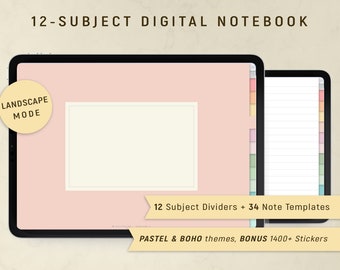 Digital Notebook 12-Subject for GoodNotes / Notability / Noteshelf, LANDSCAPE 12-Tab Notebook, Digital Student Notebook iPad / Android
