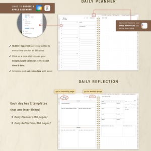 May include: A digital daily planner with a spiral binding, featuring a July calendar page and a daily reflection template. The planner includes hyperlinks for Google and Apple calendars, with space for tasks and reminders. The text includes "Daily Planner" and "Daily Reflection".