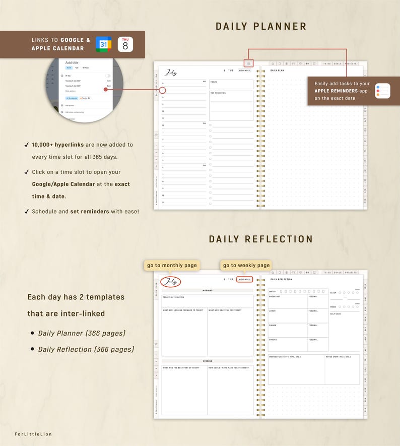 May include: A digital daily planner with a spiral binding, featuring a July calendar page and a daily reflection template. The planner includes hyperlinks for Google and Apple calendars, with space for tasks and reminders. The text includes "Daily Planner" and "Daily Reflection".