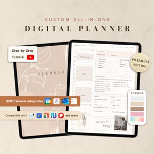 May include: A custom all-in-one digital planner displayed on two tablet screens. The interface features a daily schedule, task lists, and meal tracking. Text includes "Step-by-Step Tutorial," "PREMIUM EDITION," and "5 THEMES" with various app icons.